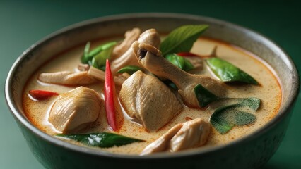 Tantalizing Thai green chicken curry with vibrant herbs and chilies in a rustic bowl