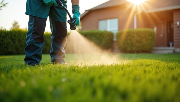 Person in gloves sprays liquid onto green grass. Homeowner cares for lawn with spray bottle near suburban house. Sunlight shines brightly on yard maintenance work.