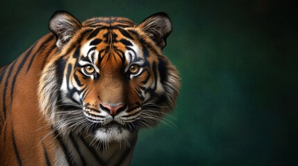 Fototapeta premium Majestic tiger portrait showcasing striking features and intense gaze against a rich green background