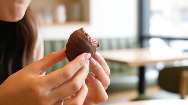 Sweet indulgence captured in a close up video of a hand holding a perfectly chocolate coated strawberry with a fresh bite taken from the juicy fruit showing 
