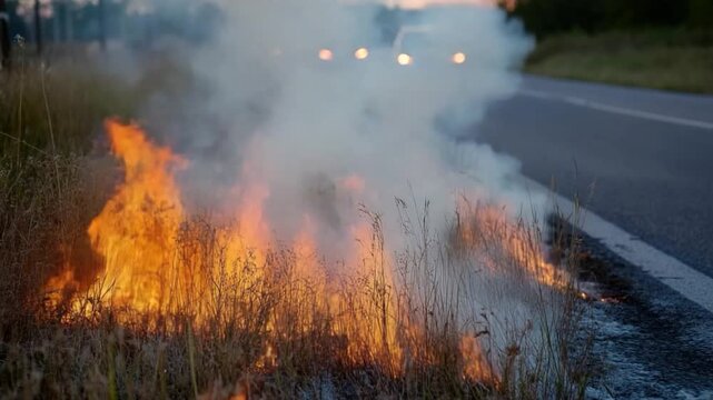 A roadside fire burns alongside the asphalt, potentially causing delays or detours for travelers
