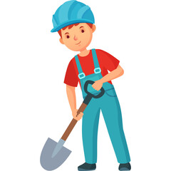 Cartoon Boy Wearing Blue Hard Hat and Overalls Digging with a Shovel In A Construction Setting