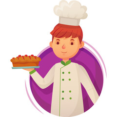 Cartoon Chef Character Holding A Delicious Looking Apple Pie In A White Chef Coat With Green Accents And A Chef Hat Against A Purple Circular Background