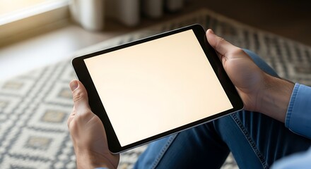 A man casually sits indoors holding a digital tablet with a blank screen, offering a versatile template for mockups or advertisements