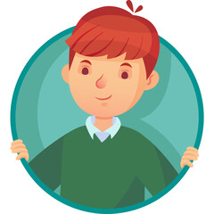 Cartoon Boy with Red Hair Wearing a Green Sweater and Blue Collar Shirt Peeking Out of a Teal Circle Frame with a Friendly Expression