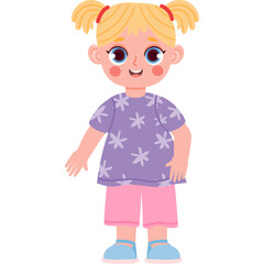Cartoon Blonde Little Girl With Pigtails Smiling Wearing A Purple T-shirt With White Stars And Pink Shorts And Blue Shoes On A Transparent White Background