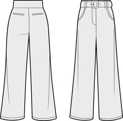 Women’s pants vector illustration set, tailored straight leg and wide leg high waist with belt, front and back view, fashion CAD flat sketch