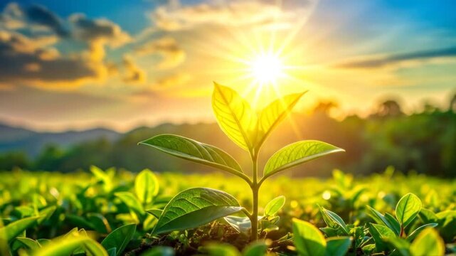 Young Plant Sprouts Under Golden Sunrise, Symbolizing Growth and New Beginnings