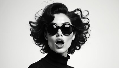 Stylish young woman wears big chic sunglasses, black turtleneck. Glamorous voluminous curly hair. Mouth open in surprised amazed expression. Bold black, white studio portrait shows modern fashion © Pete