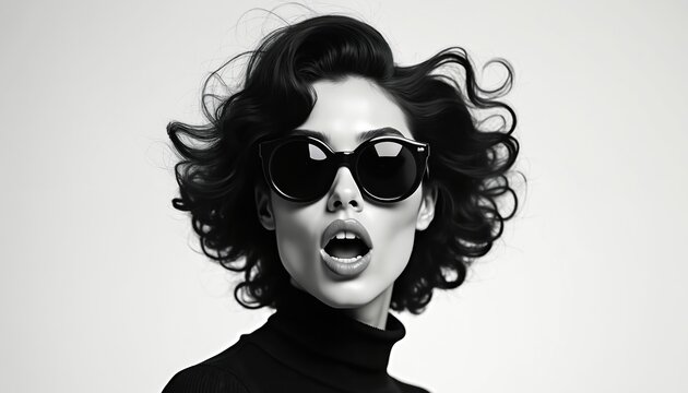 Stylish young woman wears big chic sunglasses, black turtleneck. Glamorous voluminous curly hair. Mouth open in surprised amazed expression. Bold black, white studio portrait shows modern fashion