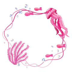 Underwater Pink Jellyfish Wreath. Hand Drawn Seafood Watercolor Texture Vector Illustration. Isolated Elements on White Background