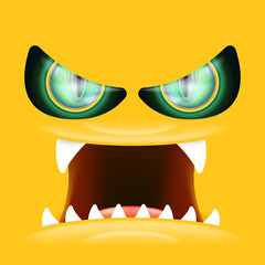 Orange monster face with gleaming green eyes and huge fangs emerges. Happy Halloween backdrop for your spooky holiday card designs with orange monster face