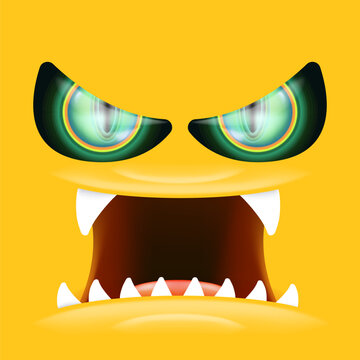 Orange monster face with gleaming green eyes and huge fangs emerges. Happy Halloween backdrop for your spooky holiday card designs with orange monster face