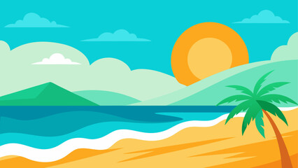 Illustration of a beach with palm tree and sun set