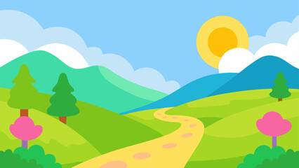 Obraz premium Cartoon landscape with a path and mountains in view