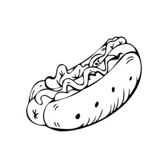 American hot dog thin black lines on a white background - Vector illustration