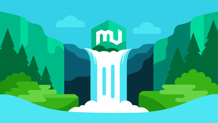 Waterfall landscape with logo and mountain scenery