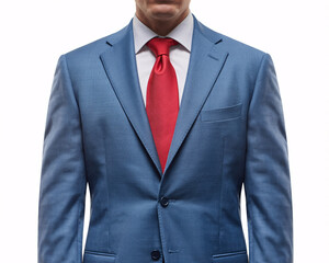 Modern professional style featuring a confident man's blue suit and vibrant red tie conveying success in business or finance with clean, sharp look