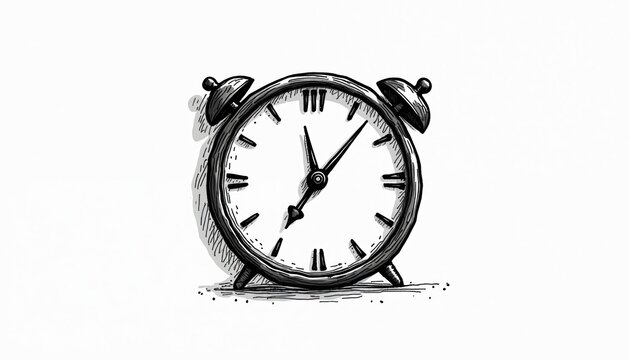 Clock doodle drawing on white. Classic black alarm clock sketch illustration. Design element for watchmaking repair service. Reminder icon for business time management. Perfect for prints, posters,