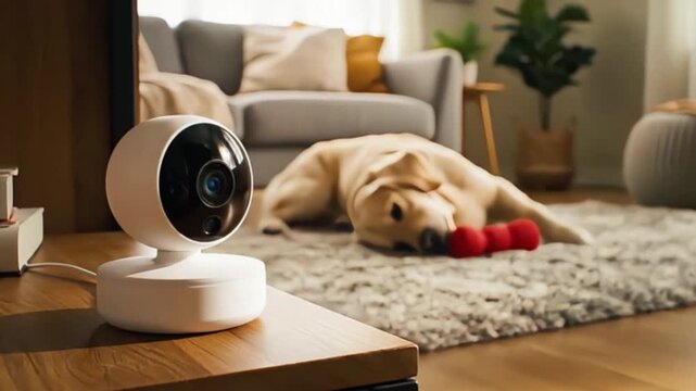 Modern Home Security Camera Captures Golden Retriever Dog Sleeping Peacefully in a Cozy Living Room with Smart Pet Monitoring Technology