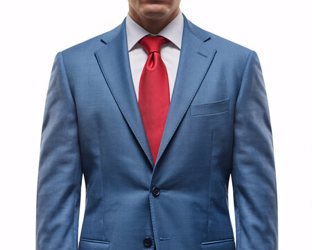 Modern professional style featuring a confident man's blue suit and vibrant red tie conveying success in business or finance with clean, sharp look - Powered by Adobe