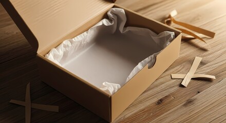 A high-quality, open cardboard gift box with soft white tissue paper lining, set on a wooden surface, ideal for packaging presents or luxury items in a stylish way.