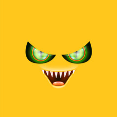 Orange monster face with gleaming green eyes and huge fangs emerges. Happy Halloween backdrop for your spooky holiday card designs with orange monster face