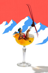 Minimalist pop art collage. Skier in cocktail glass with orange drink on abstract snowy mountains....