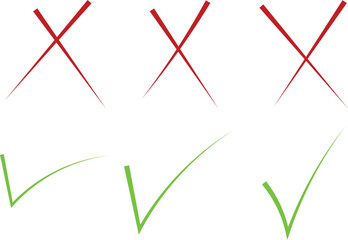 Hand Drawn Style Red X Marks and Green Check Marks Vector Icons Set, Correct and Wrong Symbols for Voting, Tests, and Checklist Design