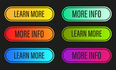 Learn more button icon. More info sticker. Website navigation buttons. Vector elements pack.