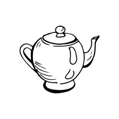 Small teapot with tea thin black lines on a white background - Vector illustration