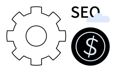 Gear symbolizing process, SEO text with cloud for strategy, and dollar coin showing financial outcomes. Ideal for digital marketing, SEO, strategy, business growth, technology, automation and online