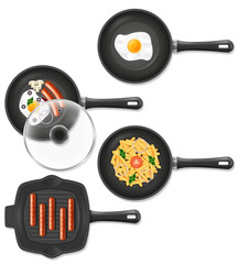 frying pan for fry food on fire stock vector illustration food icons