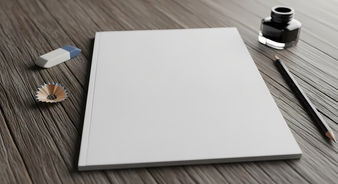 A blank notepad on a wooden table with an ink bottle, pencil, eraser, and sharpener, perfect for creative projects, writing, or drawing enthusiasts looking for inspiration.
