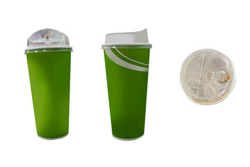 Set of Three Green Coffee Cups and Lid Isolated on Transparent Background