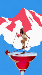Bold colorful poster. Woman skiing on red cocktail glass against geometric mountain background....