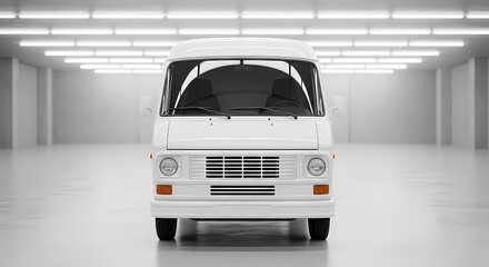 Sleek white vintage delivery van parked in a spacious, well-lit garage showcasing its clean lines and classic design for commercial use and advertising opportunities.