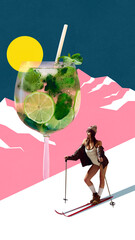 Creative digital artwork. Skier next to mojito glass with lime on pastel pink mountain background....