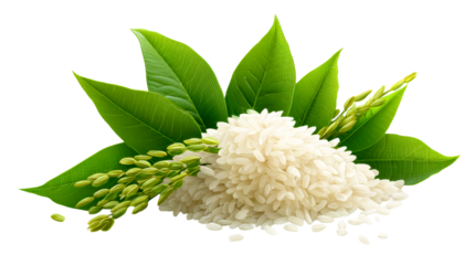 Uncooked Rice Grains and Green Rice Stalks with Leaves, cut out transparent