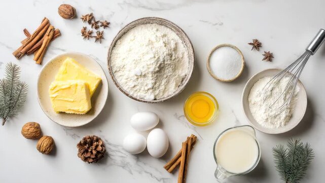 Cake ingredients are laid out on the counter, ready for mixing and baking