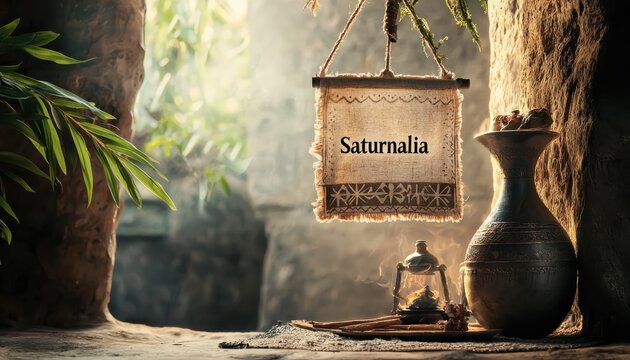 a realistic photograph of Saturnalia banner saying "Saturnalia"