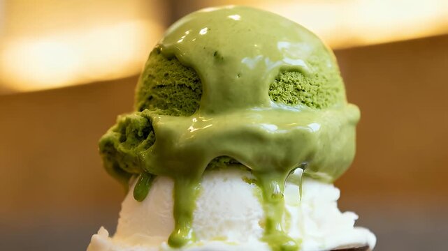 A closeup of a scoop of green tea ice cream melting over vanilla ice cream.