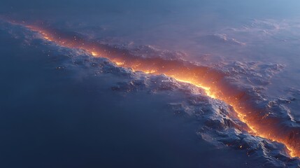 Aerial View Glowing River Carving Through a Dark, Rocky Landscape at Nighttime