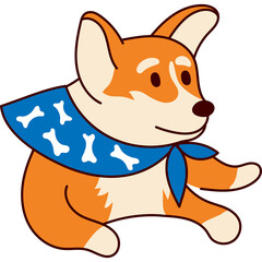 Cartoon Corgi Dog Wearing Blue Bandana With White Bones Sitting In Pose Against Transparent Background