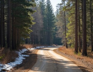 Obraz premium A forest road curves gently through the trees. Some snow lays on the side. The trees have varying shades of green. A natural landscape shows spring season scenery.