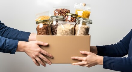 Hands Exchanging Food Donation Box Charity Generosity and Community Support in Modern Giving