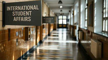 International student affairs office sign in university hallway corridor for education administration and student support services