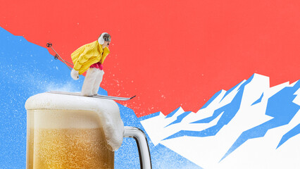 Composition of skier in yellow jacket launching from beer mug with foam over stylized mountain...
