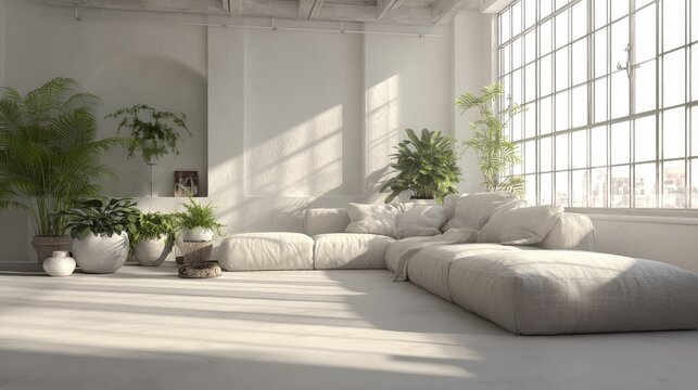 Modern Minimalist White Living Room With Large Windows