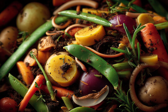 Close view of rich compost with worms and vegetable scraps from a garden